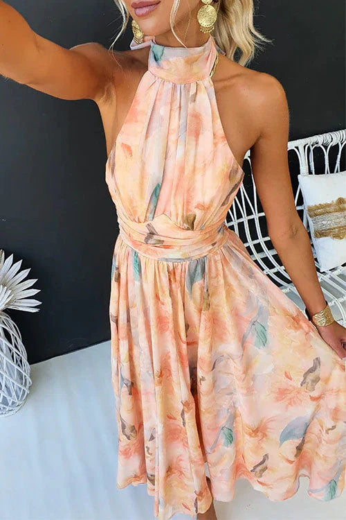 Sari™ | Lange jurk met een Amerikaanse halslijn en aquarelprint
