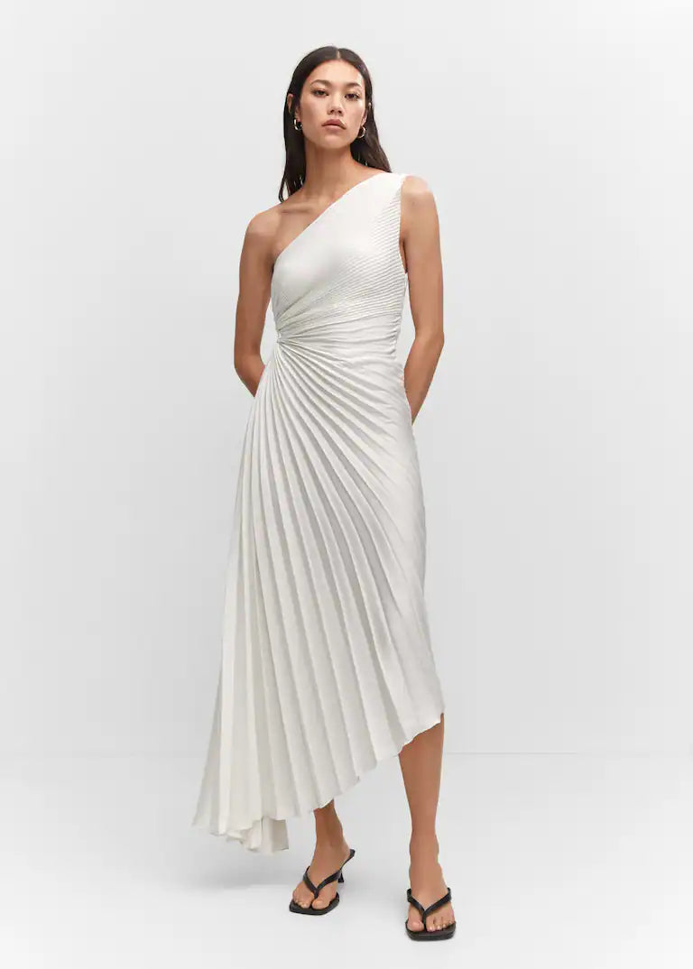 Sylviana™ | Midi Plissé Jurk met Één Schouder