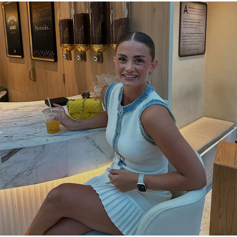 Amélie - Robe Pull Sans Manches Patchwork en Tricot Métallisé