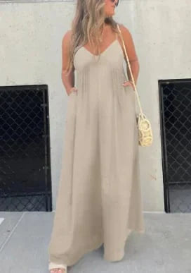 Mara - V-Hals Moeiteloze Wijde Pijpen Jumpsuit