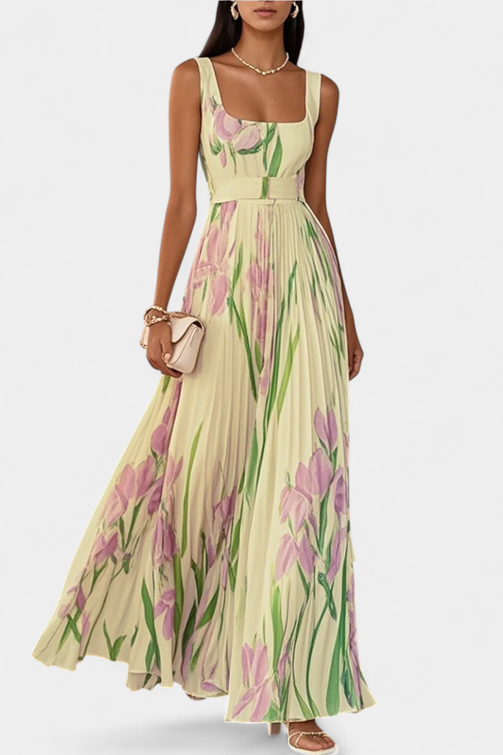 Calanthe Vestido Largo Floral Plisado con Escote Cuadrado