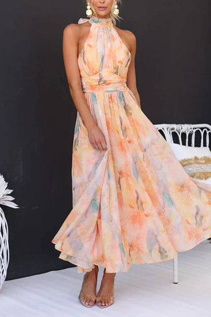 Sari™ | Lange jurk met een Amerikaanse halslijn en aquarelprint