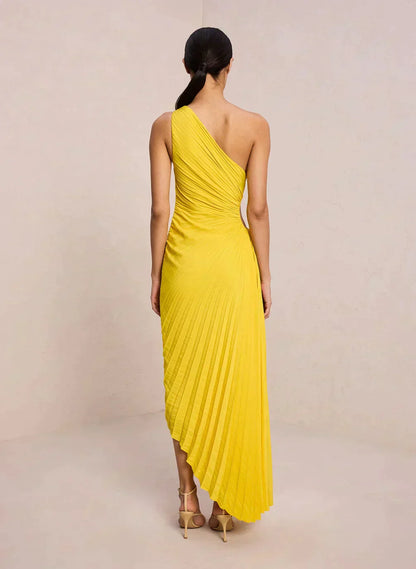 Sylviana™ | Midi Plissé Jurk met Één Schouder