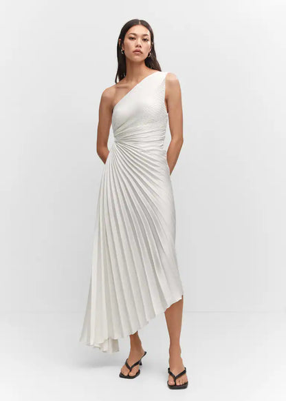 Sylviana™ | Midi Plissé Jurk met Één Schouder