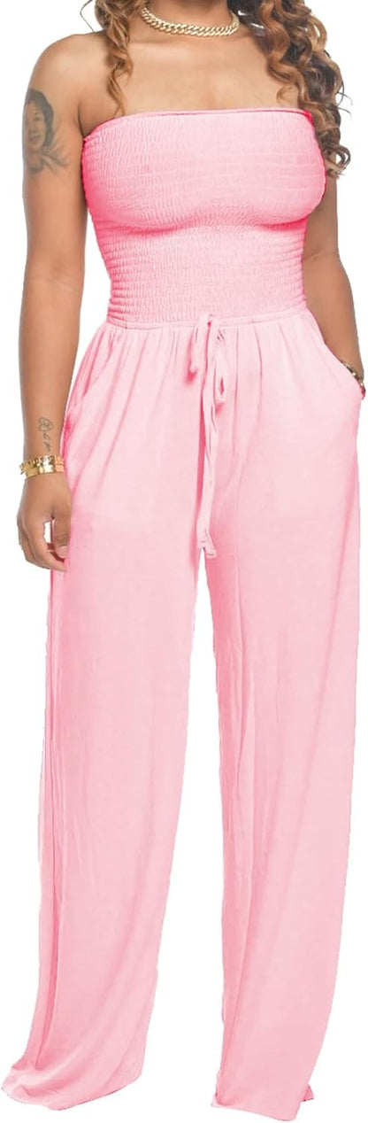 Lola - Schoudervrije Effen Gerimpelde Jumpsuit