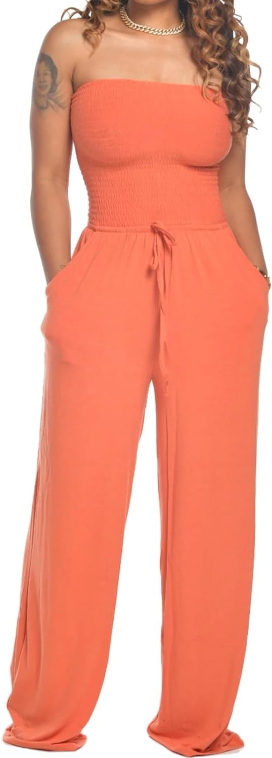 Lola - Schoudervrije Effen Gerimpelde Jumpsuit