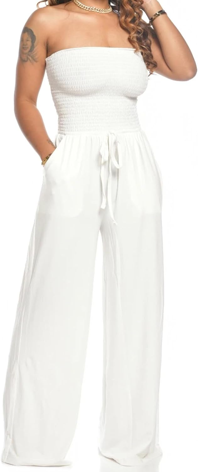 Lola - Schoudervrije Effen Gerimpelde Jumpsuit