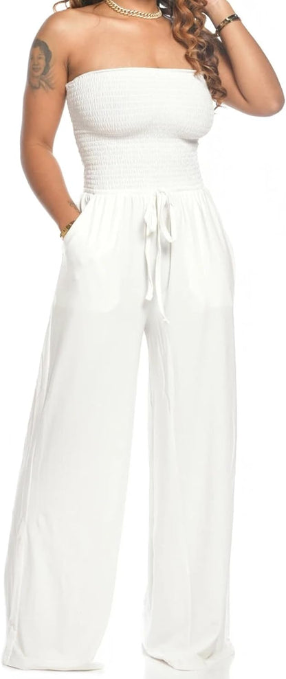 Lola - Schoudervrije Effen Gerimpelde Jumpsuit