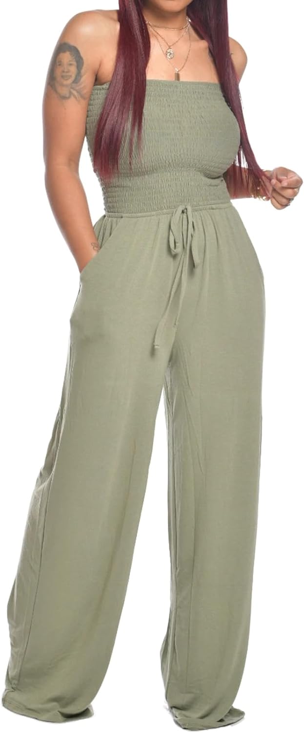Lola - Schoudervrije Effen Gerimpelde Jumpsuit