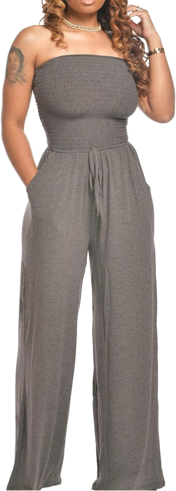 Lola - Schoudervrije Effen Gerimpelde Jumpsuit