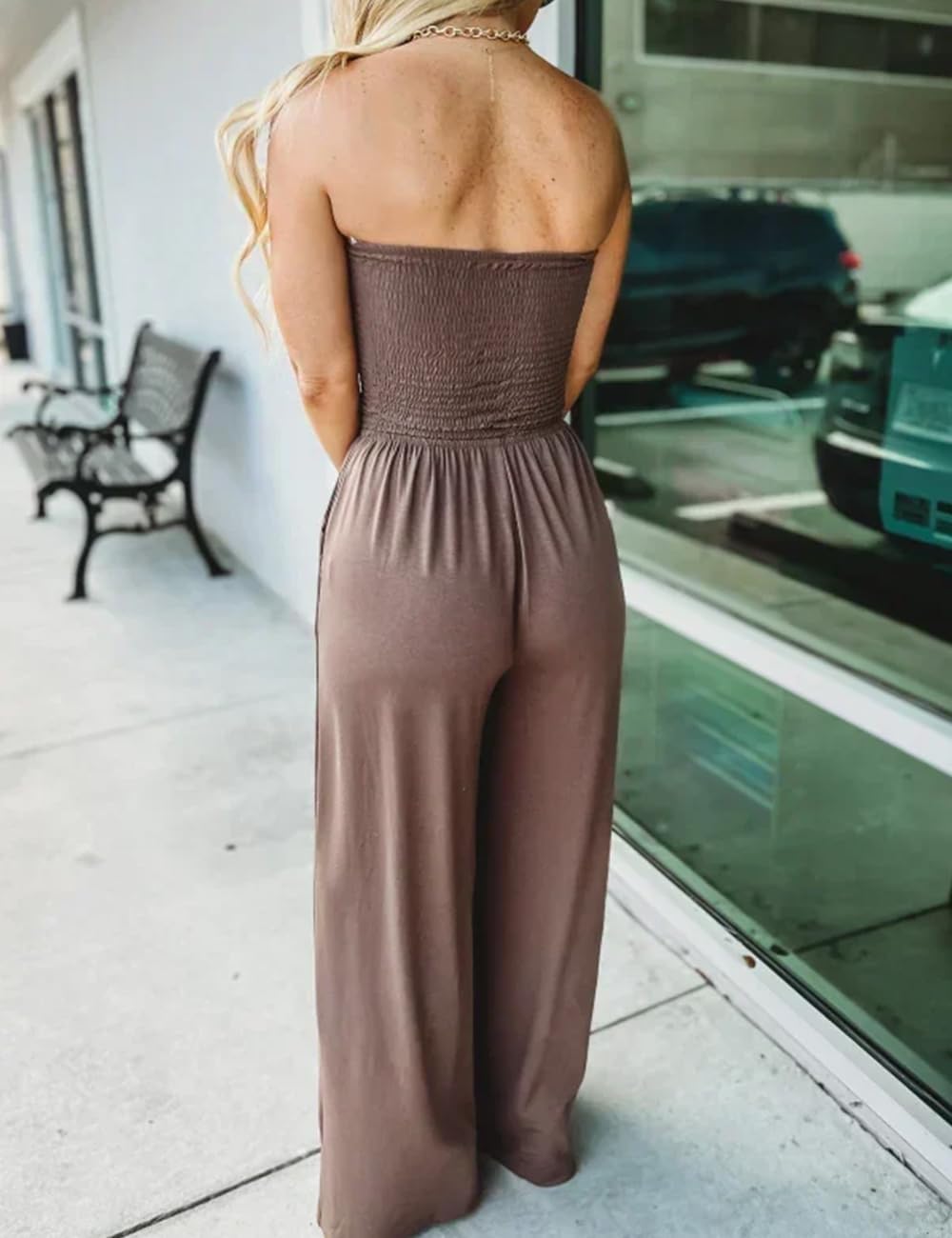 Lola - Schoudervrije Effen Gerimpelde Jumpsuit