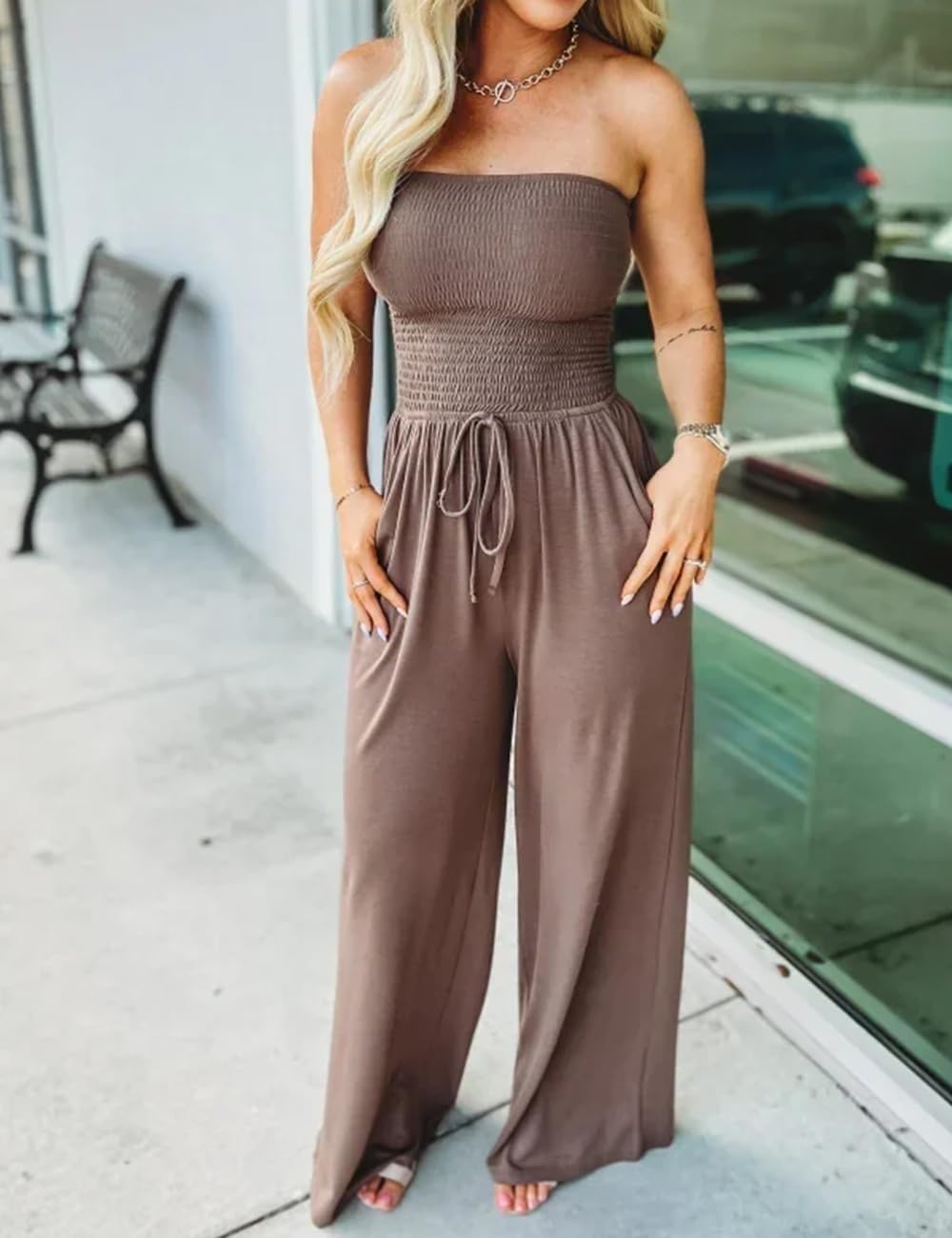Lola - Schoudervrije Effen Gerimpelde Jumpsuit