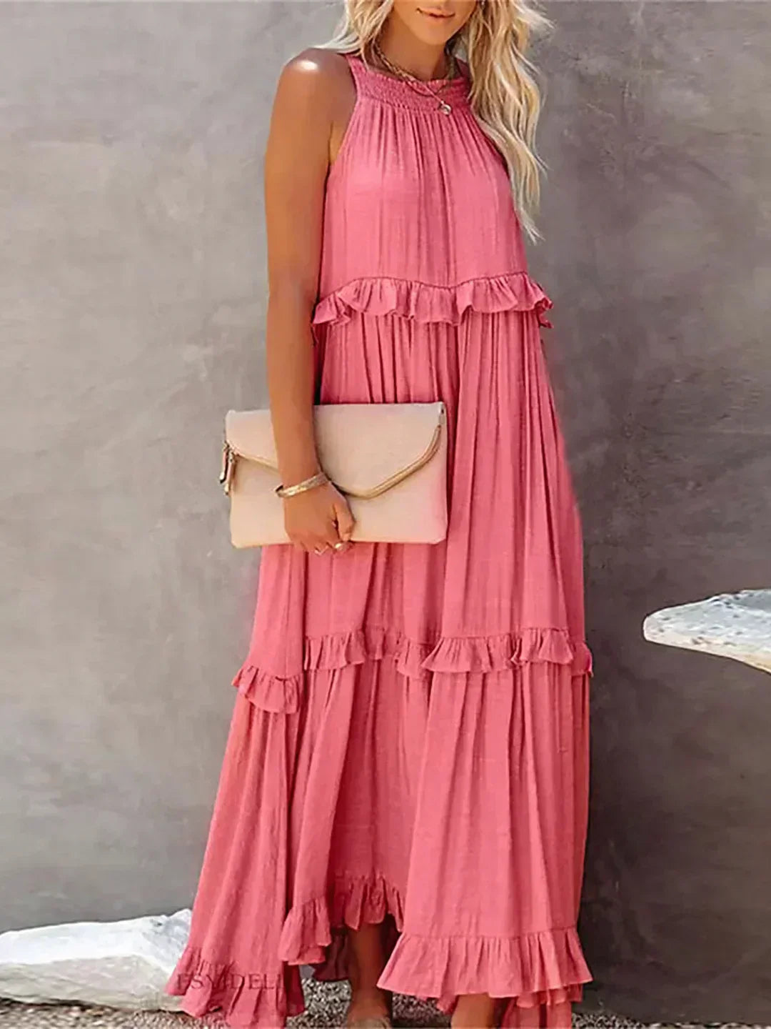 Ilona - HALTERNECK JURK MET RUFFLES EN ZAKKEN