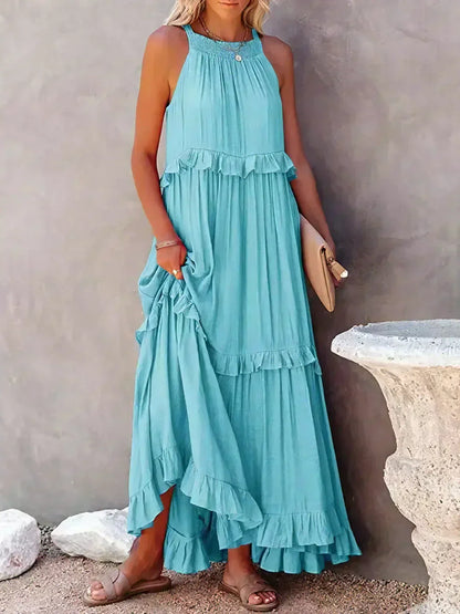 Ilona - HALTERNECK JURK MET RUFFLES EN ZAKKEN