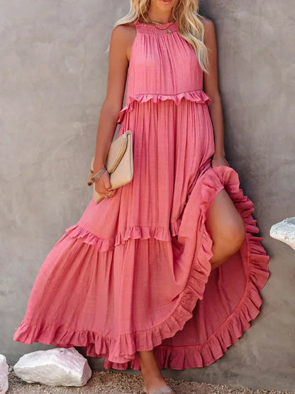 Ilona - HALTERNECK JURK MET RUFFLES EN ZAKKEN