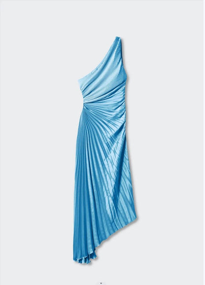 Sylviana™ | Midi Plissé Jurk met Één Schouder