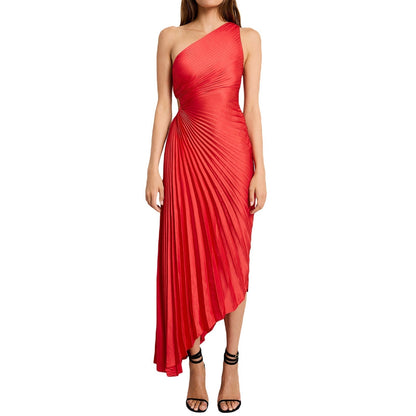 Sylviana™ | Midi Plissé Jurk met Één Schouder
