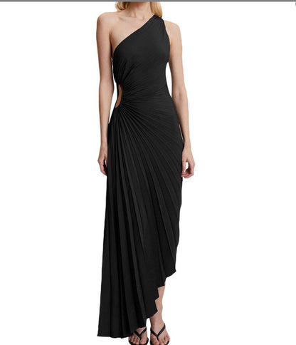 Sylviana™ | Midi Plissé Jurk met Één Schouder
