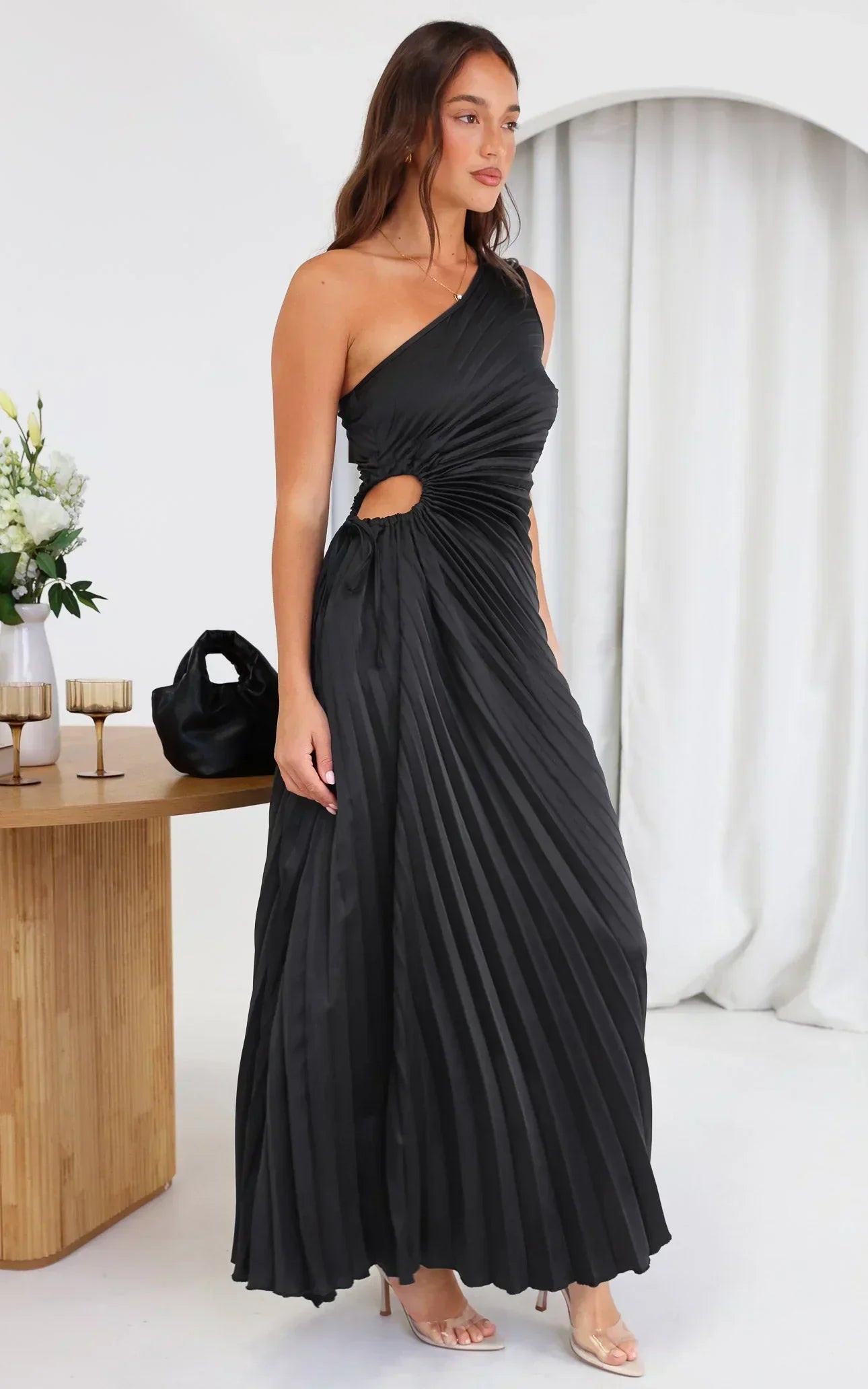 Sylviana™ | Midi Plissé Jurk met Één Schouder
