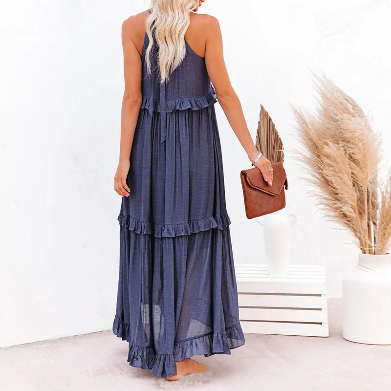 Ilona - HALTERNECK JURK MET RUFFLES EN ZAKKEN