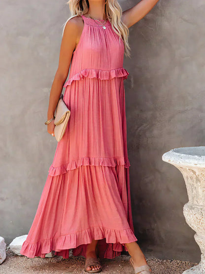 Ilona - HALTERNECK JURK MET RUFFLES EN ZAKKEN