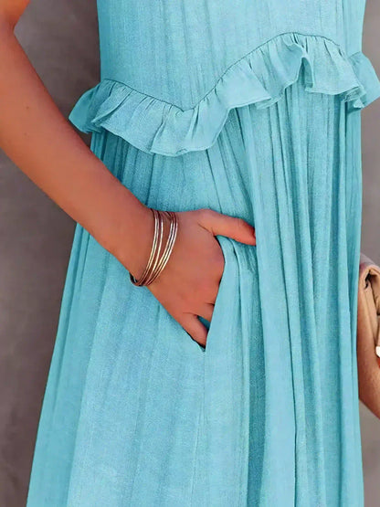 Ilona - HALTERNECK JURK MET RUFFLES EN ZAKKEN