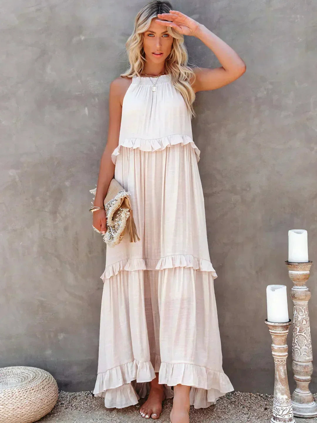 Ilona - HALTERNECK JURK MET RUFFLES EN ZAKKEN