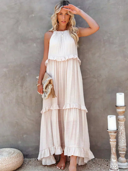 Ilona - HALTERNECK JURK MET RUFFLES EN ZAKKEN