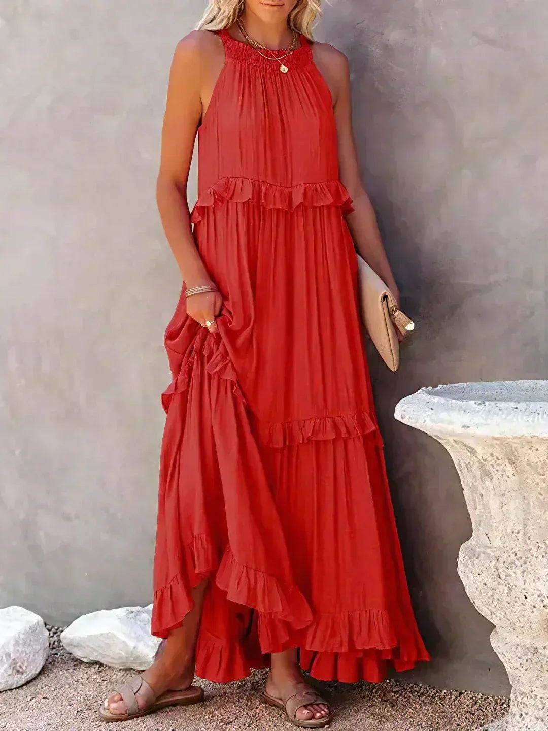 Ilona - HALTERNECK JURK MET RUFFLES EN ZAKKEN